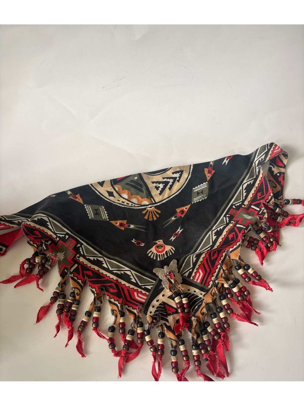Boho vintage beaded Tribal Print Fringe Scarf - Black & Red